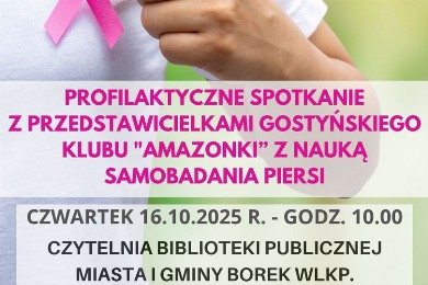 Zdjęcie ilustracyjne wpisu: PROFILAKTYCZNE SPOTKANIE Z PRZEDSTAWICIELAMI GOSTYŃSKIEGO KLUBU „AMAZONKI” Z NAUKĄ SAMOBADANIA PIERSI